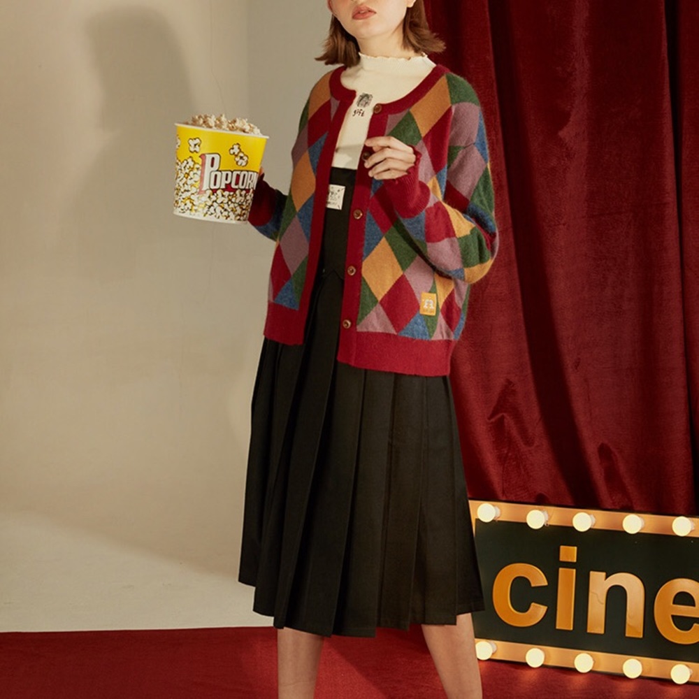 Diamond Check Rabbit Fur Infused Cardigan Sweater - Picture 2 of 7